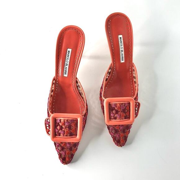 Manolo Blahnik Maysale Lace Multicolored Buckle Pointed Toe Mules Pumps 40 - Picture 2 of 10